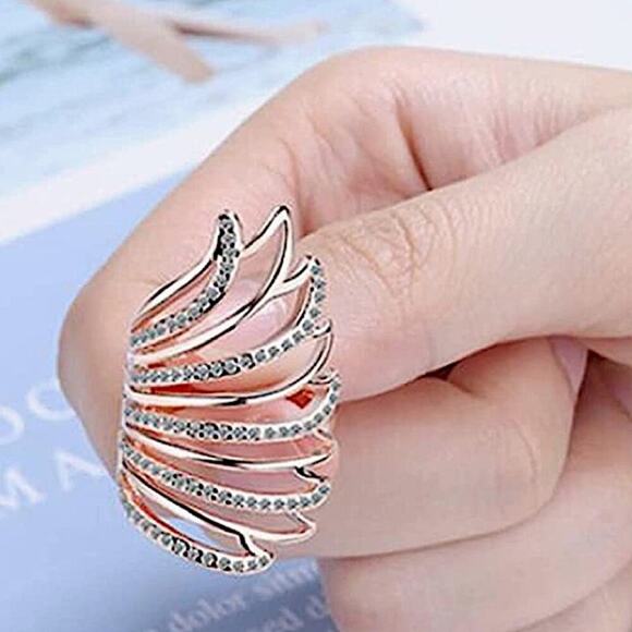 Rose Gold Angel Wing Ring, Cubic Zircon, Guardian, Gift for Her, Handmade - Picture 3 of 6